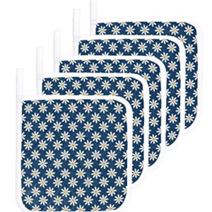 Floral Potholders Set Kitchen Heat Resistant Cotton Coasters Hot Pads Pot Holders Set of 5 for Everyday Cooking and Baking 8 x 8 Inch - Graphic Daisy Blossoms on Blue Background