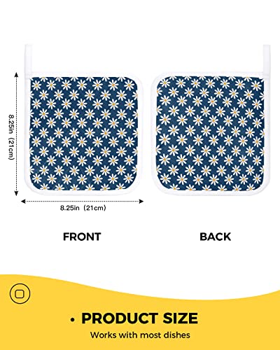 Floral Potholders Set Kitchen Heat Resistant Cotton Coasters Hot Pads Pot Holders Set of 5 for Everyday Cooking and Baking 8 x 8 Inch - Graphic Daisy Blossoms on Blue Background