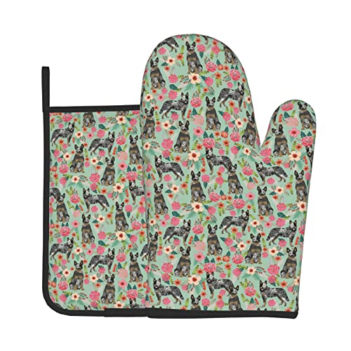 Australian Cattle Dog Oven Mitts & Pot Holders Sets Potholders with Hanging Loop Non-Slip Kitchen Cooking Gloves for BBQ Baking Grilling