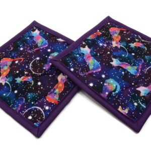 Colorful Cats in Space Pot Holders - Set of 2-8 Inch Square Cotton Fabric in Blue, Purple and White