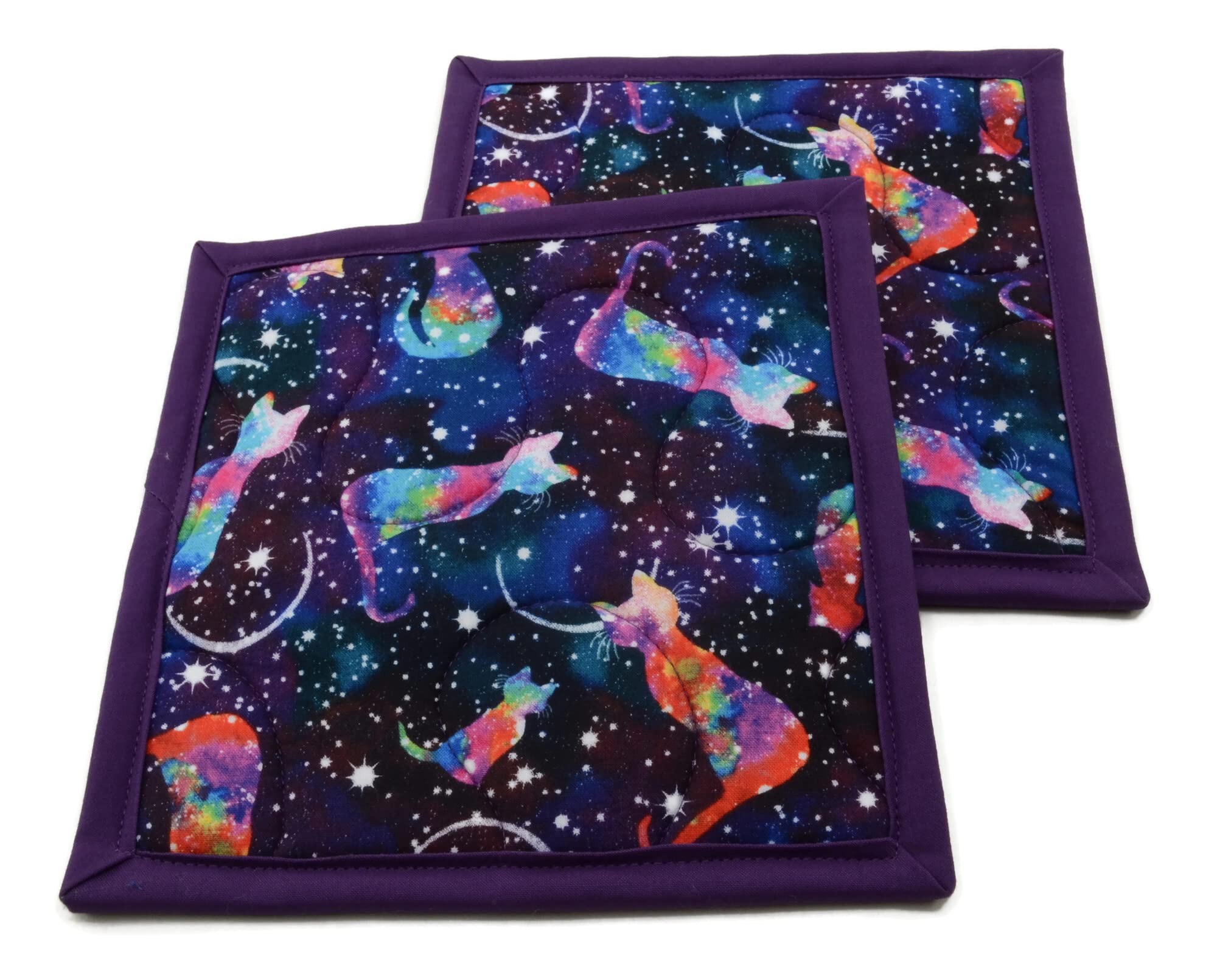 Colorful Cats in Space Pot Holders - Set of 2-8 Inch Square Cotton Fabric in Blue, Purple and White