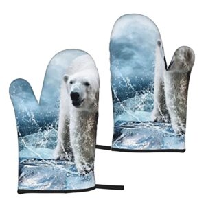 cool animal white polar bear printed oven mitts heat resistant non-slip waterproof oven gloves for grilling bbq cooking baking kitchen microwave pizza