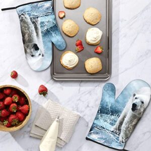 Cool Animal White Polar Bear Printed Oven Mitts Heat Resistant Non-Slip Waterproof Oven Gloves for Grilling BBQ Cooking Baking Kitchen Microwave Pizza