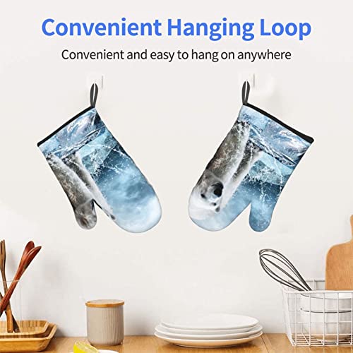 Cool Animal White Polar Bear Printed Oven Mitts Heat Resistant Non-Slip Waterproof Oven Gloves for Grilling BBQ Cooking Baking Kitchen Microwave Pizza