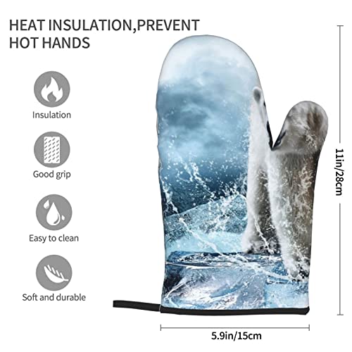 Cool Animal White Polar Bear Printed Oven Mitts Heat Resistant Non-Slip Waterproof Oven Gloves for Grilling BBQ Cooking Baking Kitchen Microwave Pizza