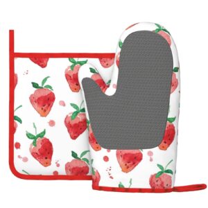 Strawberry Oven Mitts,Strawberry Pot Holders Sets Cute,Kitchen Resistant Hot Pads with Polyester Non-Slip BBQ Gloves for Kitchen, Cooking, Baking,Grilling Oven Glove