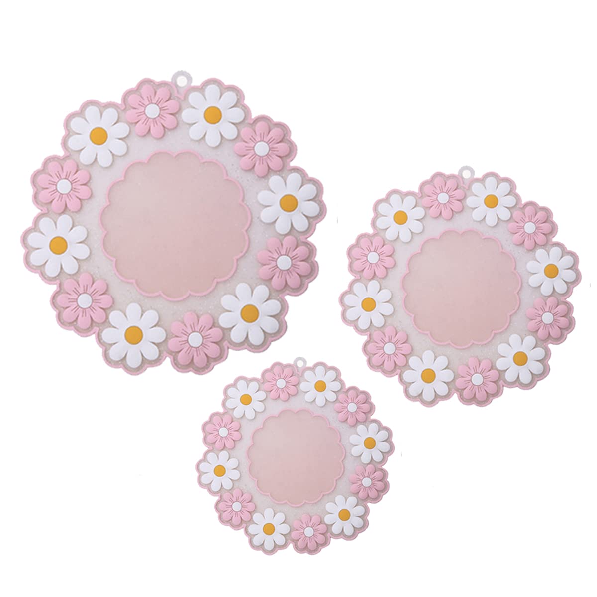 Silicone Round Placemats Set of 3, Daisy Flower Shape Heat Resistant Trivets Pot Holder Mats, Cup Potholders, Pot Holders, Non-Slip Insulation Hot Pads for Kitchen (Pink)