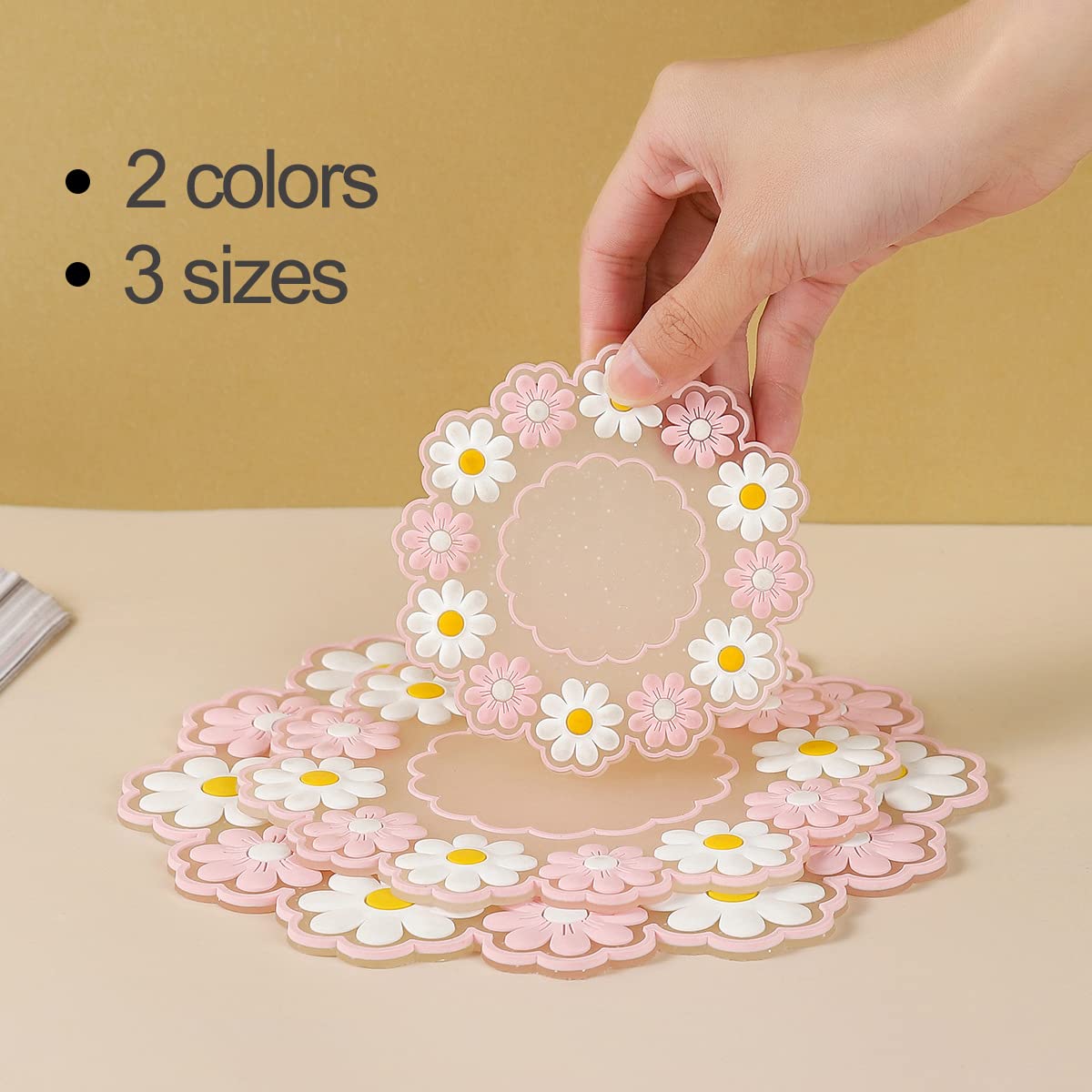 Silicone Round Placemats Set of 3, Daisy Flower Shape Heat Resistant Trivets Pot Holder Mats, Cup Potholders, Pot Holders, Non-Slip Insulation Hot Pads for Kitchen (Pink)
