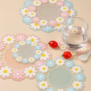 Silicone Round Placemats Set of 3, Daisy Flower Shape Heat Resistant Trivets Pot Holder Mats, Cup Potholders, Pot Holders, Non-Slip Insulation Hot Pads for Kitchen (Pink)