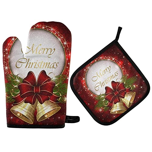 Christmas Bell Oven Mitts Pot Holder Sets 2pcs Merry Christmas Non-Slip Kitchen Heat Resistant Hot Pads for Women Cooking Gloves Baking Wear BBQ