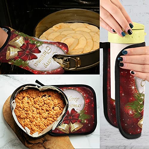 Christmas Bell Oven Mitts Pot Holder Sets 2pcs Merry Christmas Non-Slip Kitchen Heat Resistant Hot Pads for Women Cooking Gloves Baking Wear BBQ