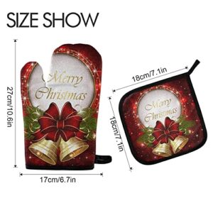 Christmas Bell Oven Mitts Pot Holder Sets 2pcs Merry Christmas Non-Slip Kitchen Heat Resistant Hot Pads for Women Cooking Gloves Baking Wear BBQ