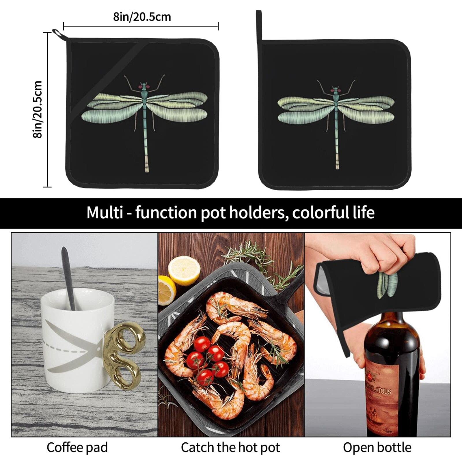 Quicklro Dragonfly Black Pot Holders 8 X 8 Inches for Kitchen,Heat Resistant Oven Hot Pads Oven Set for Cooking Baking BBQ, One size