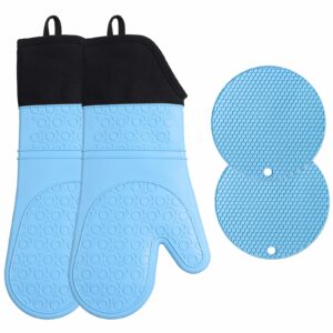 silicone oven mitts and pot holders sets, extra long professional heat resistant oven gloves with hot pads, quilted liner, non-slip textured grip safe for kitchen baking cooking , 4-piece set (blue)