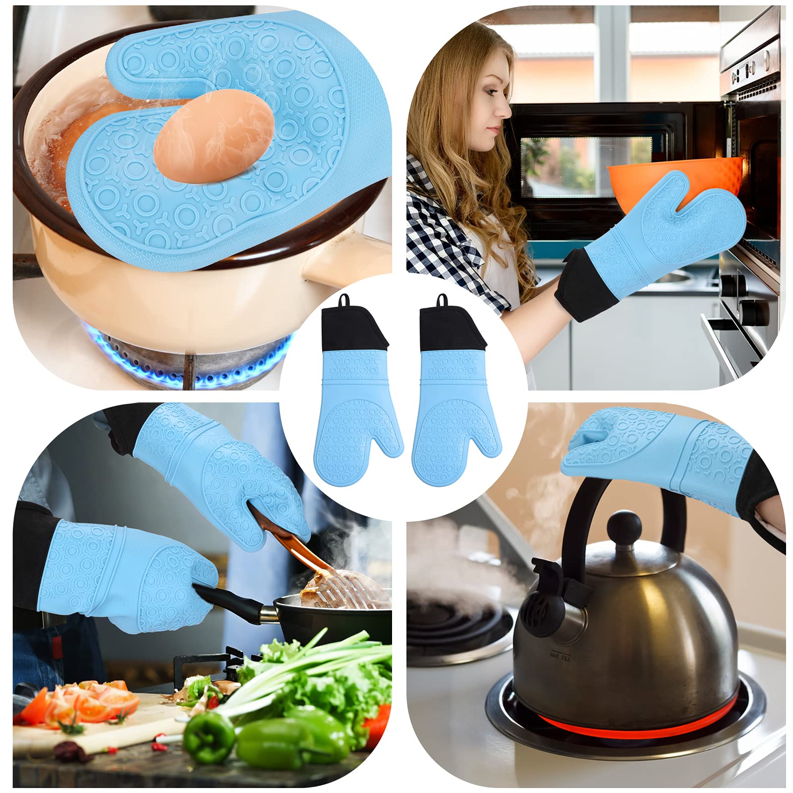 Silicone Oven Mitts and Pot Holders Sets, Extra Long Professional Heat Resistant Oven Gloves with Hot Pads, Quilted Liner, Non-Slip Textured Grip Safe for Kitchen Baking Cooking , 4-Piece Set (Blue)