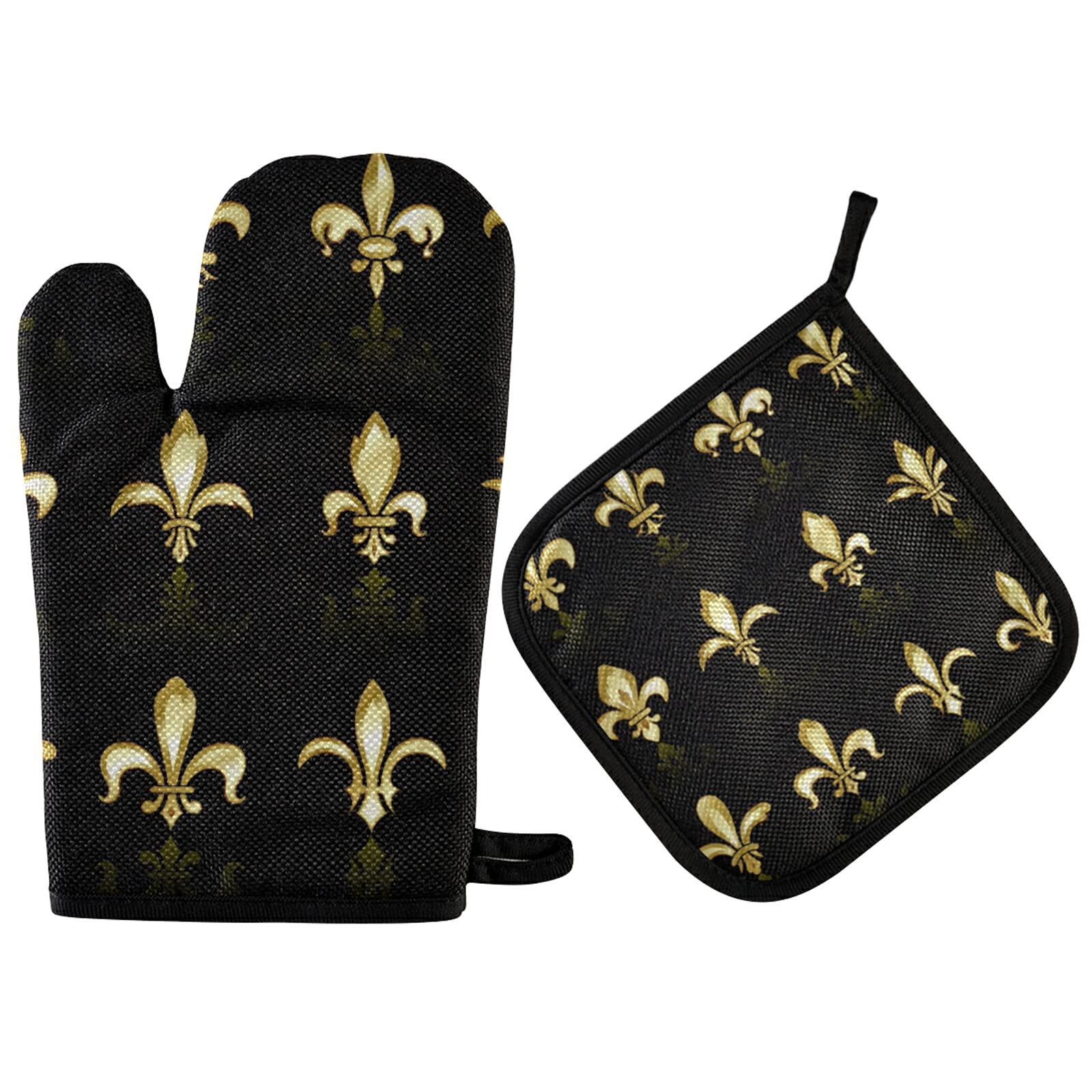 Gold Golden Fleur De Lis Design Collection Sets Seamless on Black Oven Mitts Pot Holders Sets, Potholder Hot Pads Heat Resistant Kitchen Oven Gloves for Cooking Baking Grilling Barbecue