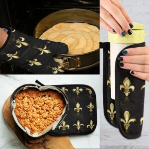 Gold Golden Fleur De Lis Design Collection Sets Seamless on Black Oven Mitts Pot Holders Sets, Potholder Hot Pads Heat Resistant Kitchen Oven Gloves for Cooking Baking Grilling Barbecue