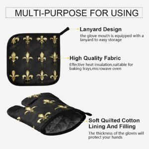 Gold Golden Fleur De Lis Design Collection Sets Seamless on Black Oven Mitts Pot Holders Sets, Potholder Hot Pads Heat Resistant Kitchen Oven Gloves for Cooking Baking Grilling Barbecue