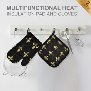 Gold Golden Fleur De Lis Design Collection Sets Seamless on Black Oven Mitts Pot Holders Sets, Potholder Hot Pads Heat Resistant Kitchen Oven Gloves for Cooking Baking Grilling Barbecue