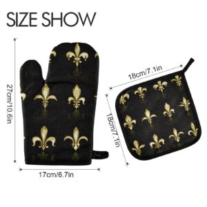 Gold Golden Fleur De Lis Design Collection Sets Seamless on Black Oven Mitts Pot Holders Sets, Potholder Hot Pads Heat Resistant Kitchen Oven Gloves for Cooking Baking Grilling Barbecue