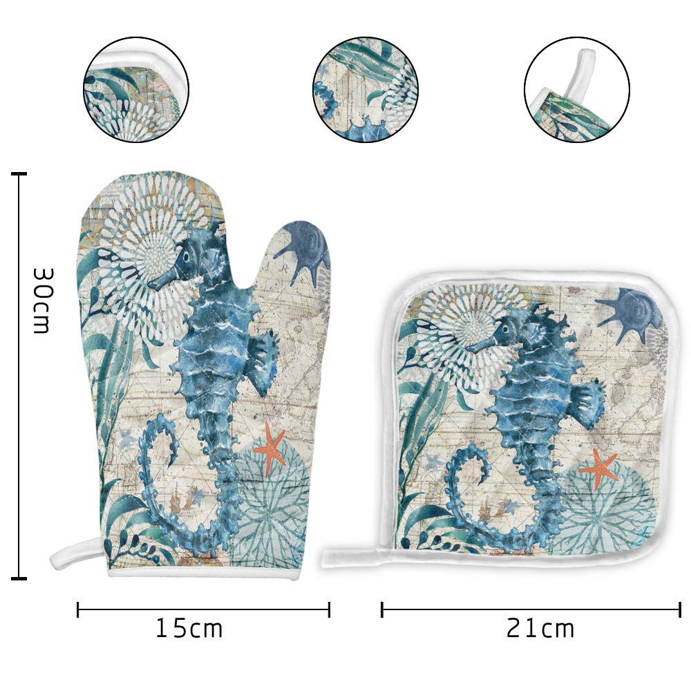 Kitchen Oven Mitts and Potholders Set, Seahorse Ocean Animal Nautical Map Heat Resistant Padded Cooking Gloves&Pot Holder Non-Slip for BBQ Baking Grilling, Retro