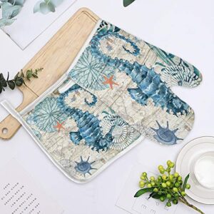 Kitchen Oven Mitts and Potholders Set, Seahorse Ocean Animal Nautical Map Heat Resistant Padded Cooking Gloves&Pot Holder Non-Slip for BBQ Baking Grilling, Retro