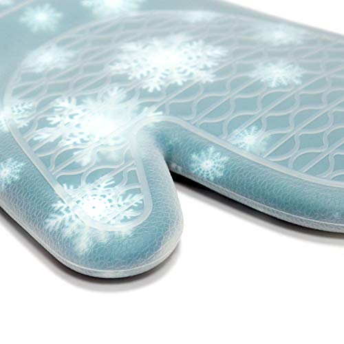 Silicone Oven Mitts with Transparent Clear Silicone Shell and Snowflake Printing Cotton Lining, Heat Resistant Kitchen Oven Gloves Pot Holder for Cooking, Baking, Grilling, Barbecue Potholders