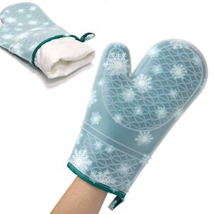 Silicone Oven Mitts with Transparent Clear Silicone Shell and Snowflake Printing Cotton Lining, Heat Resistant Kitchen Oven Gloves Pot Holder for Cooking, Baking, Grilling, Barbecue Potholders