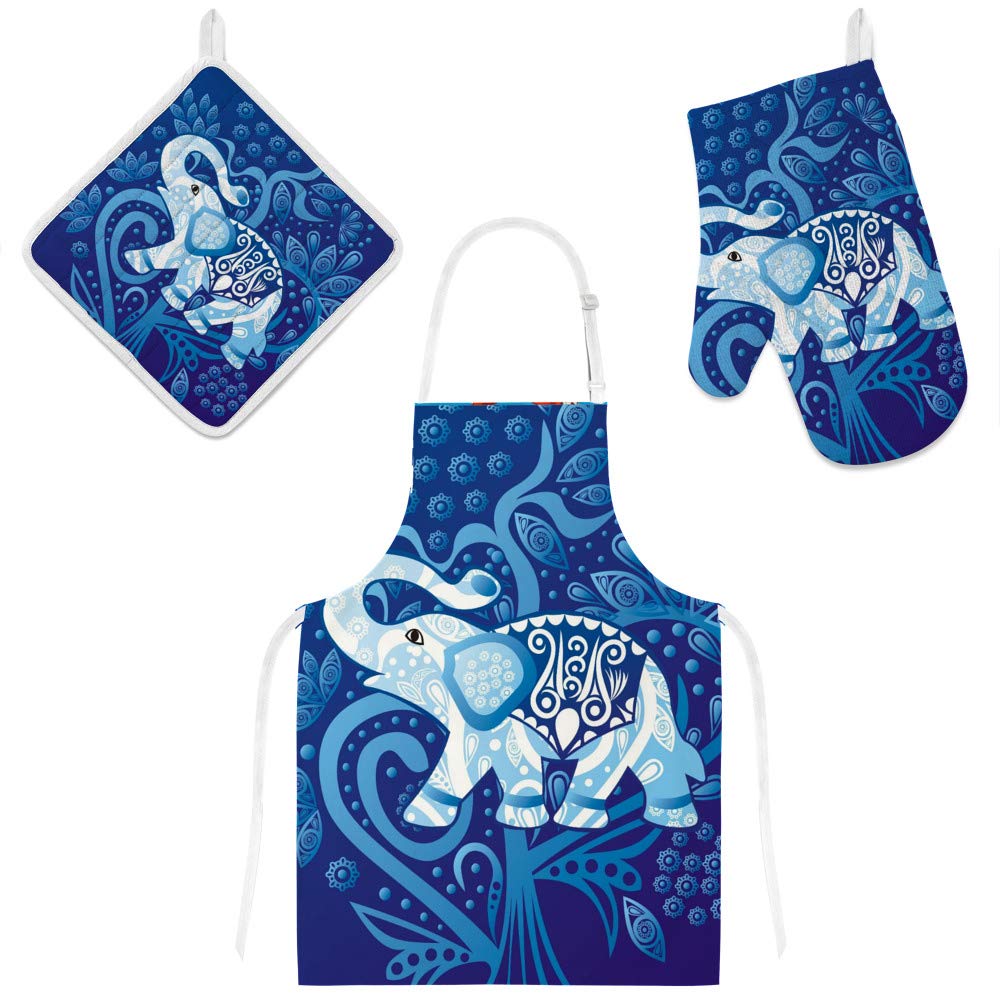 U-Life Apron with Pocket Oven Mitt Pot Holder Set Elephant Mandala Vintage Blue