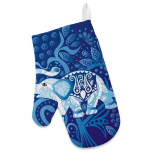 U-Life Apron with Pocket Oven Mitt Pot Holder Set Elephant Mandala Vintage Blue