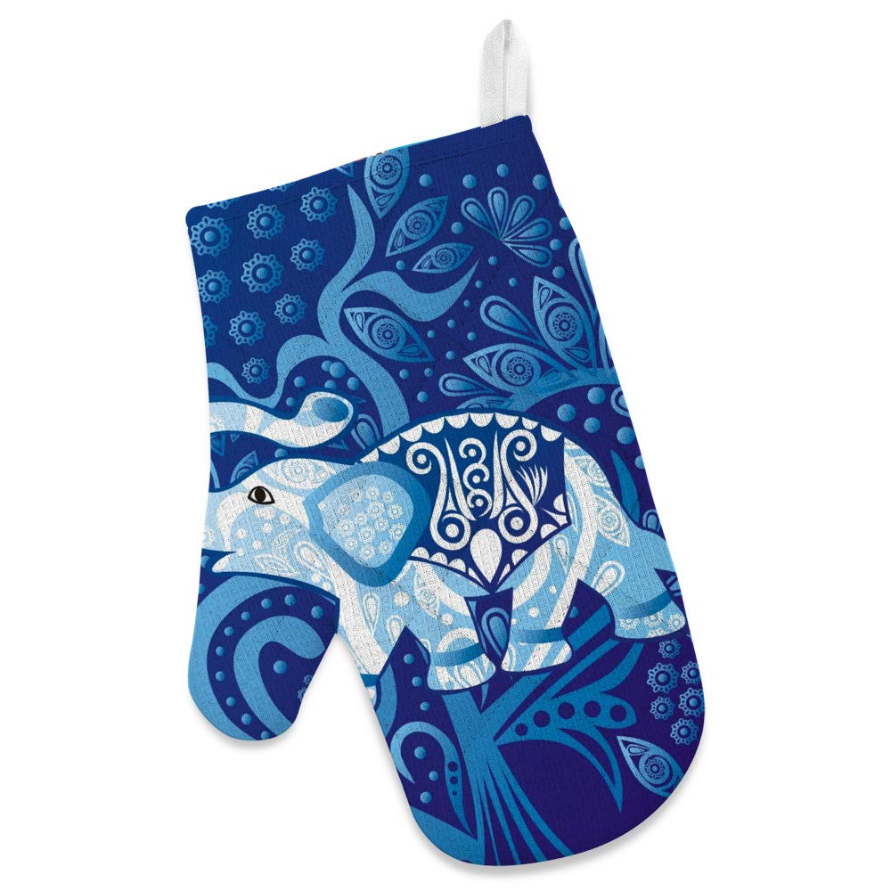 U-Life Apron with Pocket Oven Mitt Pot Holder Set Elephant Mandala Vintage Blue