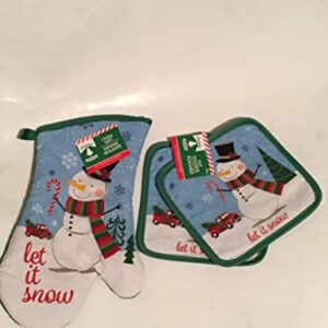 3 Piece Set - Christmas Holiday Kitchen Oven Mitt & One Set of 2 Pot Holders (Snow Man)