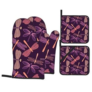 purple dragonfly oven mitts and lid pads, washable and comfortable heat-resistant kitchen non-slip microwave oven mitts for cooking, baking and grilling