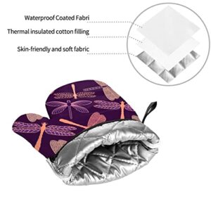 Purple Dragonfly Oven Mitts and Lid Pads, Washable and Comfortable Heat-Resistant Kitchen Non-Slip Microwave Oven Mitts for Cooking, Baking and Grilling