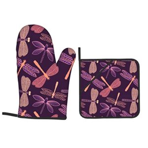 Purple Dragonfly Oven Mitts and Lid Pads, Washable and Comfortable Heat-Resistant Kitchen Non-Slip Microwave Oven Mitts for Cooking, Baking and Grilling