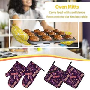 Purple Dragonfly Oven Mitts and Lid Pads, Washable and Comfortable Heat-Resistant Kitchen Non-Slip Microwave Oven Mitts for Cooking, Baking and Grilling