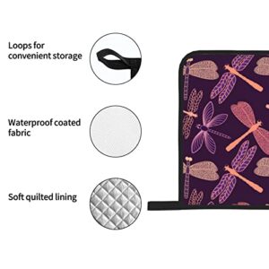 Purple Dragonfly Oven Mitts and Lid Pads, Washable and Comfortable Heat-Resistant Kitchen Non-Slip Microwave Oven Mitts for Cooking, Baking and Grilling