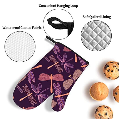 Purple Dragonfly Oven Mitts and Lid Pads, Washable and Comfortable Heat-Resistant Kitchen Non-Slip Microwave Oven Mitts for Cooking, Baking and Grilling