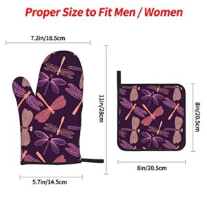 Purple Dragonfly Oven Mitts and Lid Pads, Washable and Comfortable Heat-Resistant Kitchen Non-Slip Microwave Oven Mitts for Cooking, Baking and Grilling