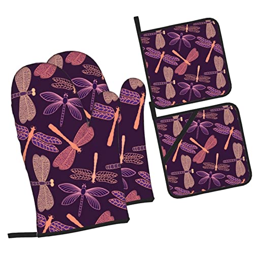 Purple Dragonfly Oven Mitts and Lid Pads, Washable and Comfortable Heat-Resistant Kitchen Non-Slip Microwave Oven Mitts for Cooking, Baking and Grilling