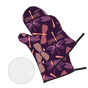 Purple Dragonfly Oven Mitts and Lid Pads, Washable and Comfortable Heat-Resistant Kitchen Non-Slip Microwave Oven Mitts for Cooking, Baking and Grilling