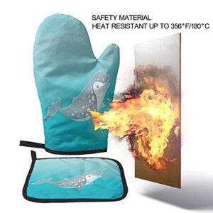 Foruidea Narwhal Oven Mitts and Pot Holders Sets Kitchen Heat Resistant Oven Gloves for BBQ Cooking Baking Grilling Machine Washable (2-Piece Sets)