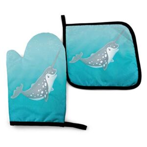 foruidea narwhal oven mitts and pot holders sets kitchen heat resistant oven gloves for bbq cooking baking grilling machine washable (2-piece sets)