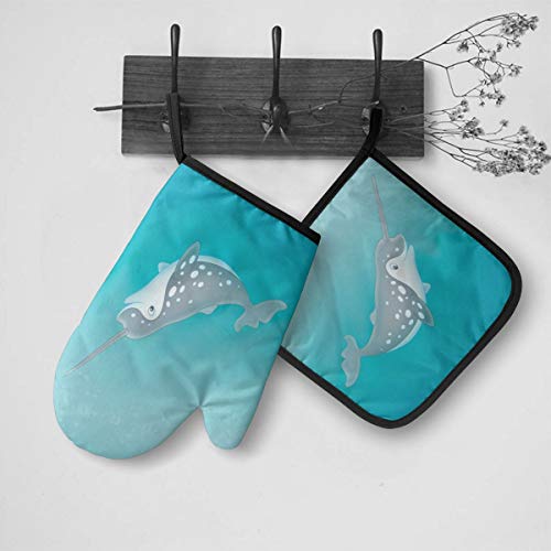 Foruidea Narwhal Oven Mitts and Pot Holders Sets Kitchen Heat Resistant Oven Gloves for BBQ Cooking Baking Grilling Machine Washable (2-Piece Sets)
