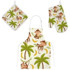 top carpenter polyester insulation kitchen oven mitts potholder apron 3pcs set monkey on palm tree non slip heat resistant gloves for baking cooking bbq