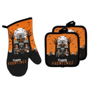 3 piece lightweight decorative kitchen décor set includes 2 potholders and 1 oven mitt (haunted house)