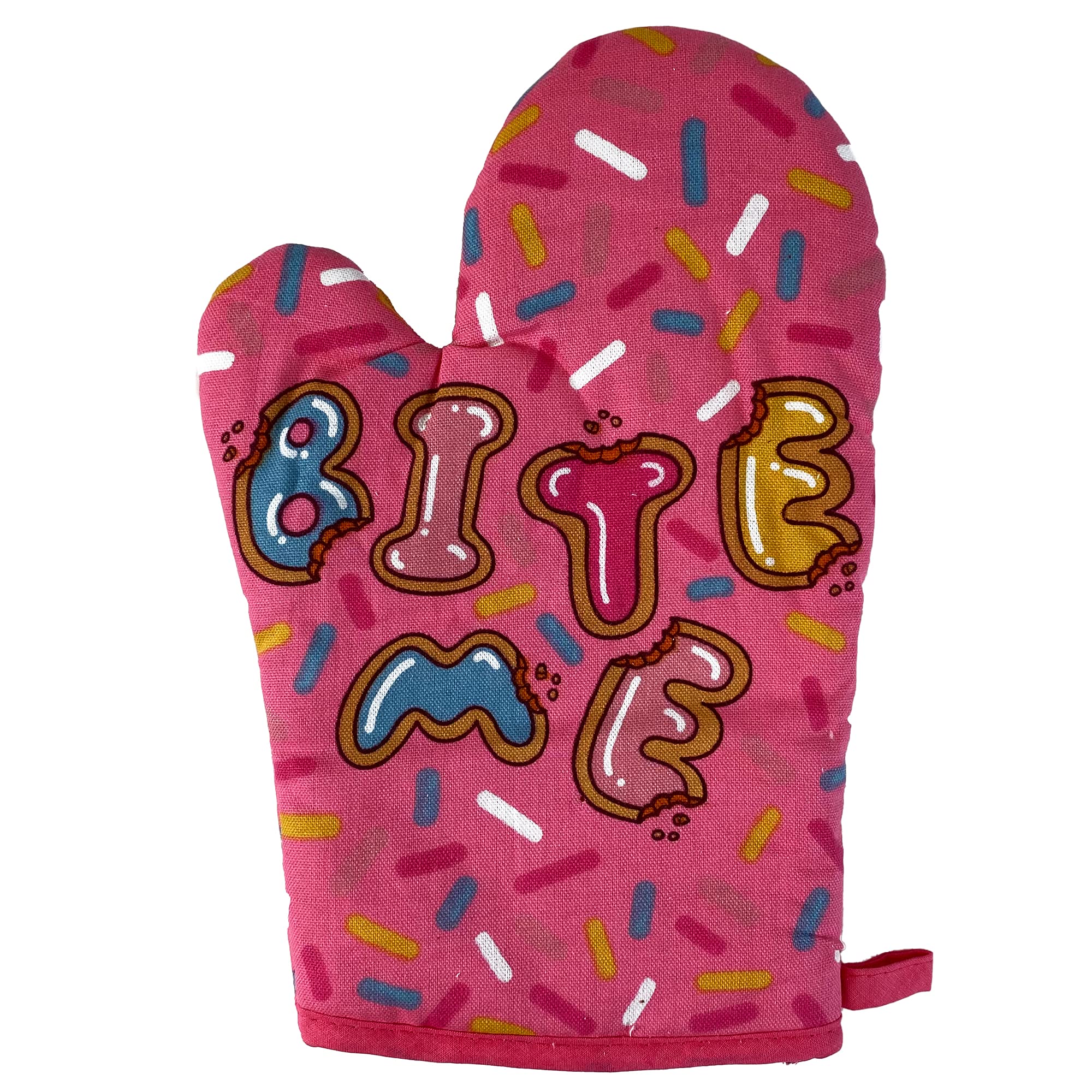 Bite Me Oven Mitt Funny Baking Cake Sprinkles Cookies Dessert Graphic Kitchen Glove Funny Graphic Kitchenwear Funny Food Novelty Cookware Pink Oven Mitt