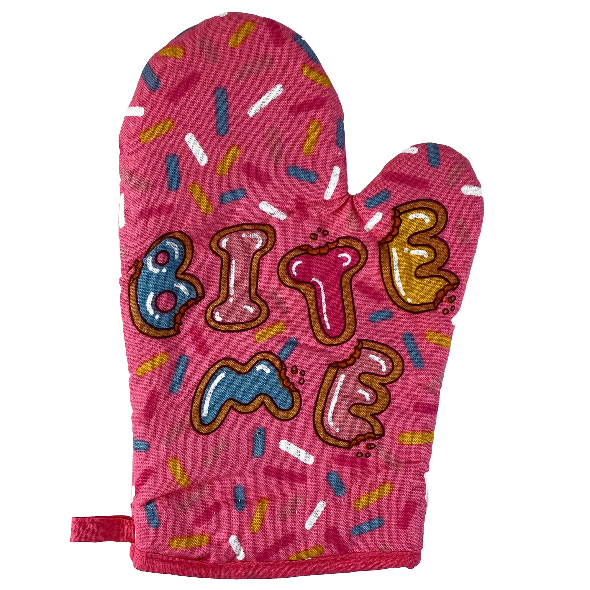 Bite Me Oven Mitt Funny Baking Cake Sprinkles Cookies Dessert Graphic Kitchen Glove Funny Graphic Kitchenwear Funny Food Novelty Cookware Pink Oven Mitt