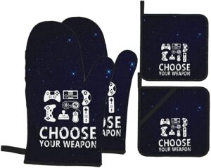 choose your weapon gamer oven mitts and pot holders set of 4 kitchen set for cooking