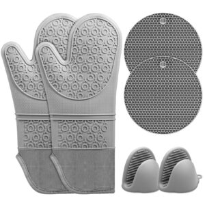 kwork extra long oven mitts and pot holders 6pcs sets,silicone oven mitts with cotton lining,7 inch inch diameter pot holders,mini oven gloves for cooking & baking, gray, one size